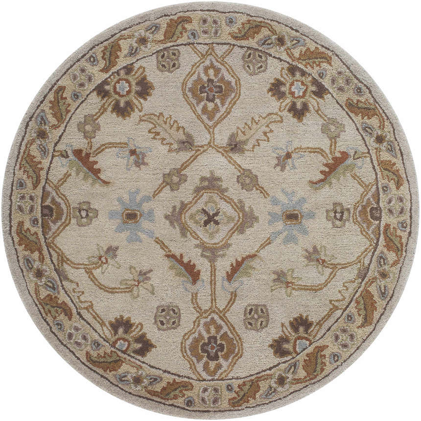 Close-up of round Postelle Wool Rug. Hand-tufted with brown, sage, red, and gray floral Oriental design. Design-Round-4