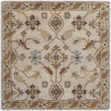Detailed view of the Postelle Wool Rug showcasing its traditional floral pattern in brown, sage, and tan hues. Design-Square-4