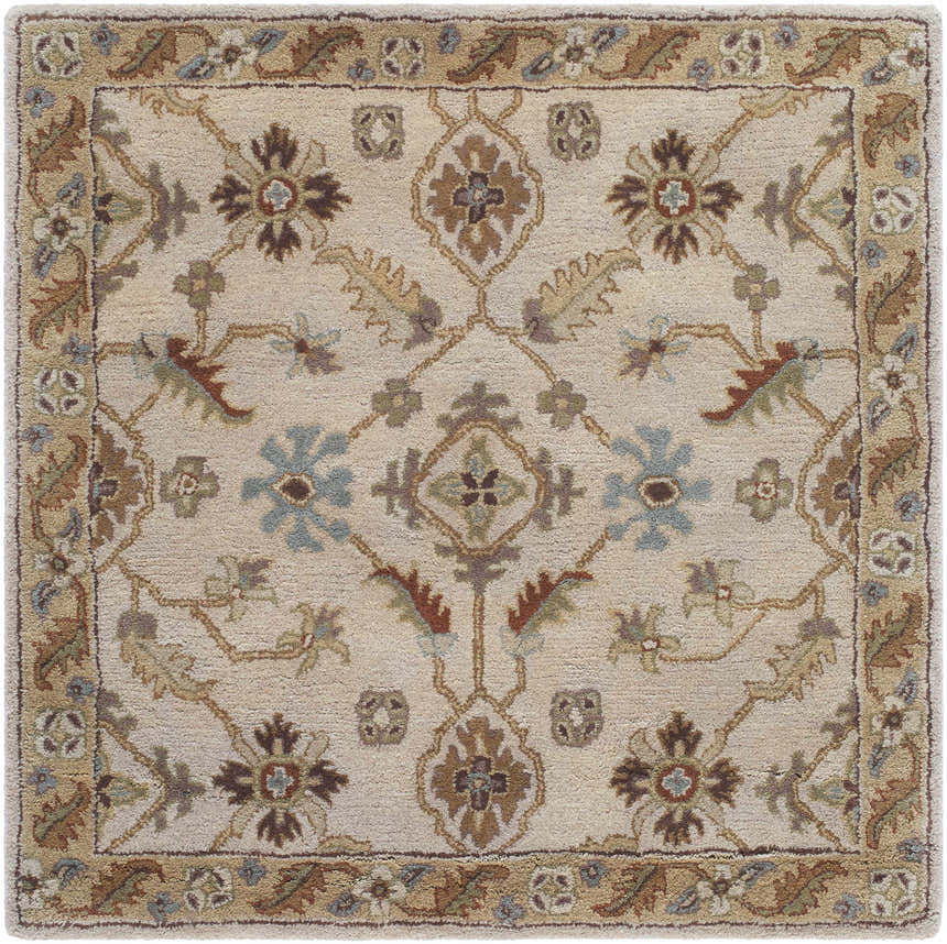 Detailed view of the Postelle Wool Rug showcasing its traditional floral pattern in brown, sage, and tan hues. Design-Square-4