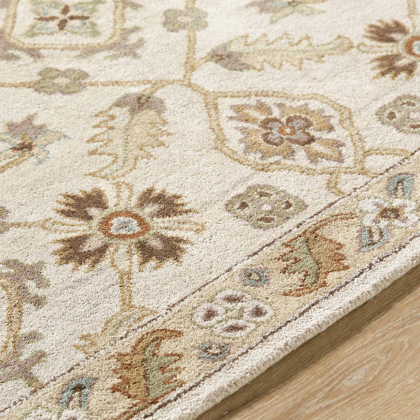 Close-up of the hand-tufted Postelle Wool Rug. Beige rug with brown, sage, and red floral and leaf pattern. Traditional style. Texture