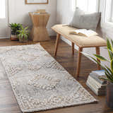 Entryway scene with Poydras High-Low Rustic Rug in light beige and gray, bench, wood accents, and plants. Roomscene-Runner