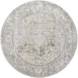 Round Pryce Sage rug with traditional floral pattern in charcoal, cream, light brown, light gray, and medium brown. Design-Round-67