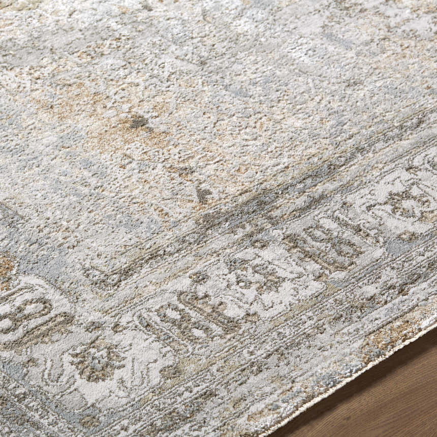 Close-up of the Pryce Sage Thick Luxe Area Rug. Farmhouse style rug with charcoal, cream, and light brown tones. Traditional pattern. Texture