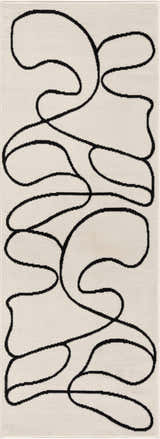 Close-up of the Eilir Modern Low Profile Boho Rug. Bone rug with an abstract black line design. Design-Runner-2773