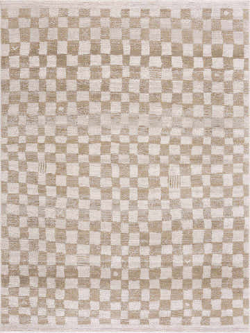 Close-up of the Benjy Irregular Checkboard Rug in cream and gold, featuring a checkered geometric pattern. Design-Rectangle-537