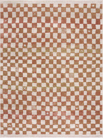 Close-up of the Benjy Irregular Checkboard Rug in cream and salmon. Features a geometric, checkered pattern. Design-Rectangle-46