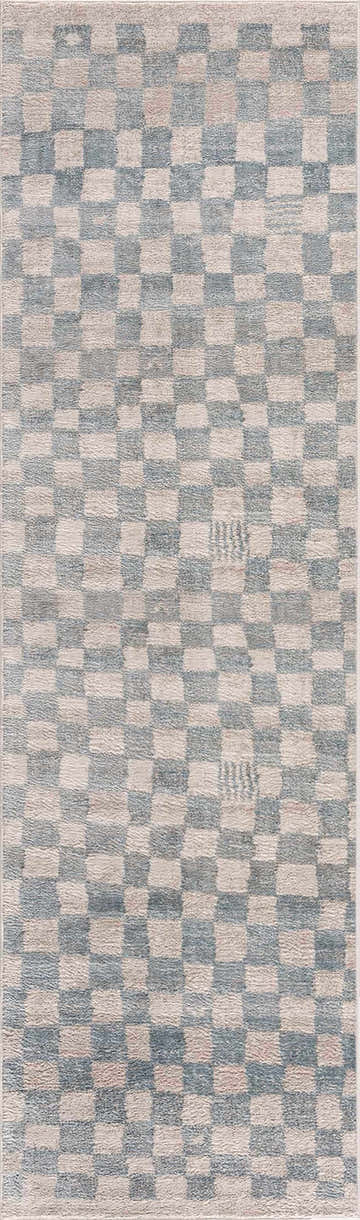Close-up of the Benjy Cream & Light Blue Checkered Area Rug, showing the contemporary checkerboard pattern and textured weave. Design-Runner