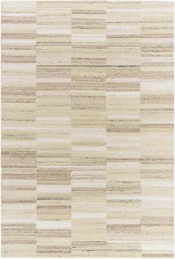 Close-up of the hand-tufted Amrita Ivory Area Rug. Geometric pattern in beige, cream, taupe, and sandstone wool. Design-Rectangle-576