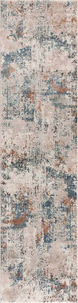 Close-up of the Priscilla Area Rug. Contemporary design with burnt orange, dark brown, light beige, sky blue, and tan colors. Design-Runner-2773