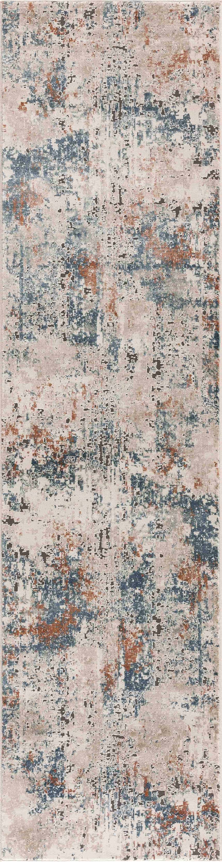 Close-up of the Priscilla Area Rug. Contemporary design with burnt orange, dark brown, light beige, sky blue, and tan colors. Design-Runner-2773