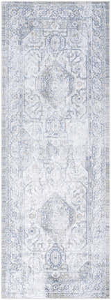 Close-up of the Annlea Washable Area Rug. Farmhouse style rug with traditional blue, sage, and white pattern. Design-Runner-2773