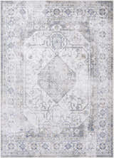 Close-up of the Annlea Washable Area Rug. Farmhouse style rug in blue, sage, and white with a traditional, distressed pattern. Design-Rectangle-537