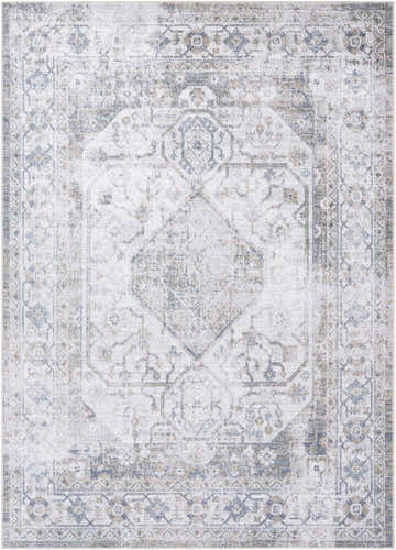 Close-up of the Annlea Washable Area Rug. Farmhouse style rug in blue, sage, and white with a traditional, distressed pattern. Design-Rectangle-537