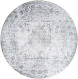 Close-up of round Annlea Washable Area Rug. Farmhouse style rug in blue, sage, and white with traditional floral pattern. Design-Round-67