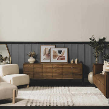Living room scene with ivory chairs and the Modern Scandi Architect IV Area Rug in dark brown and ivory. Roomscene-Rectangle
