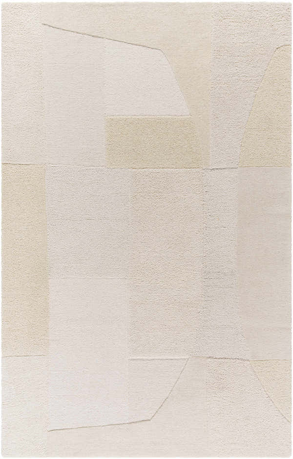 Close-up of the Agneza Area Rug. Beige, cream, ivory, and tan geometric shapes create a contemporary design. Hand-tufted wool texture. Design-Rectangle-576