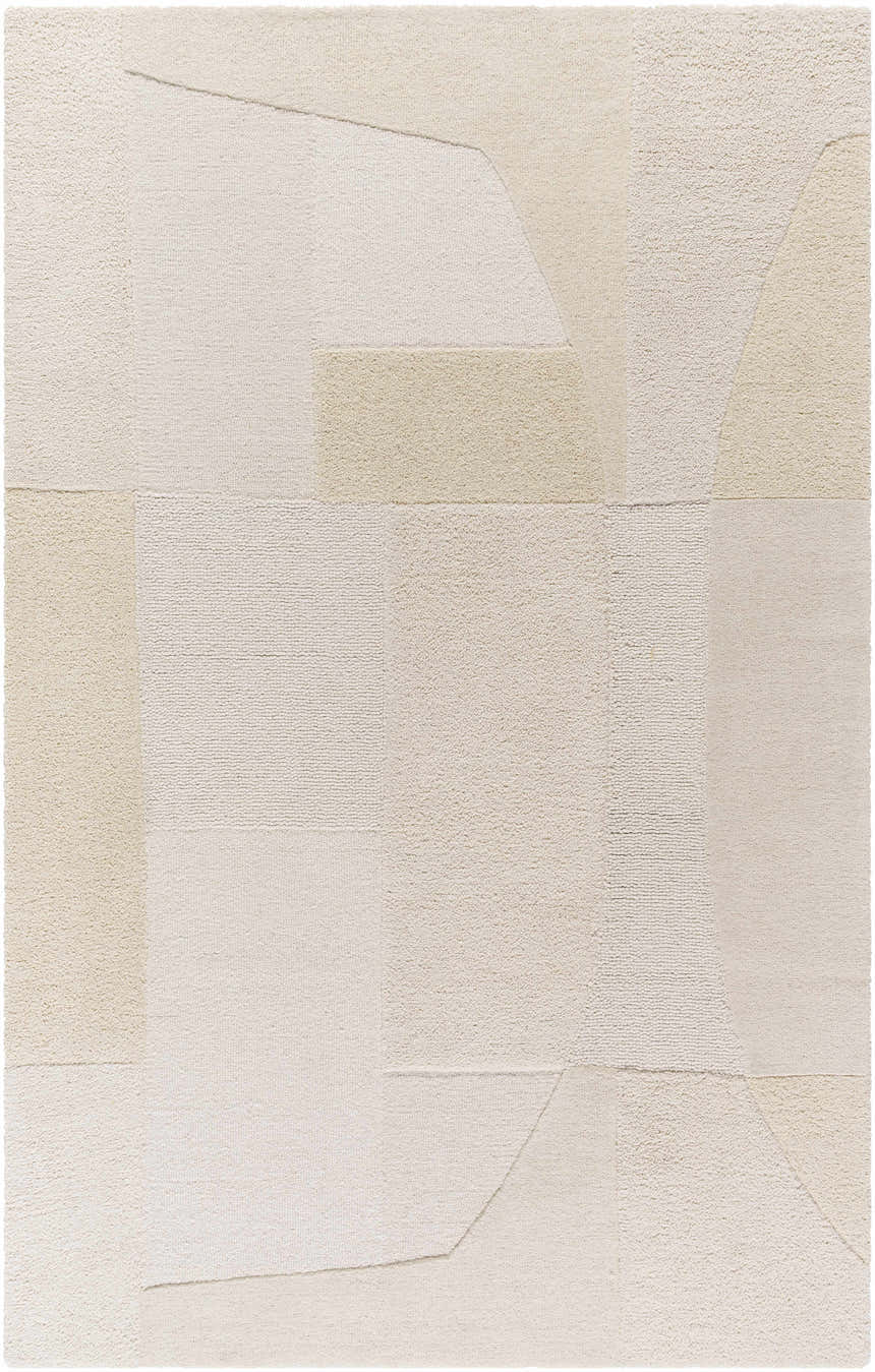 Close-up of the Agneza Area Rug. Beige, cream, ivory, and tan geometric shapes create a contemporary design. Hand-tufted wool texture. Design-Rectangle-576
