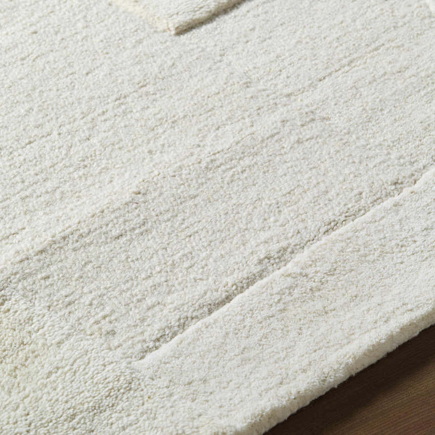 Close-up of the hand-tufted Agneza Area Rug showing its plush, ivory wool texture and subtle geometric pattern. Texture