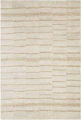 Close-up of the Abbatha Modern Wool Rug, featuring a beige background with tan horizontal stripes. Hand-tufted texture. Design-Rectangle-576