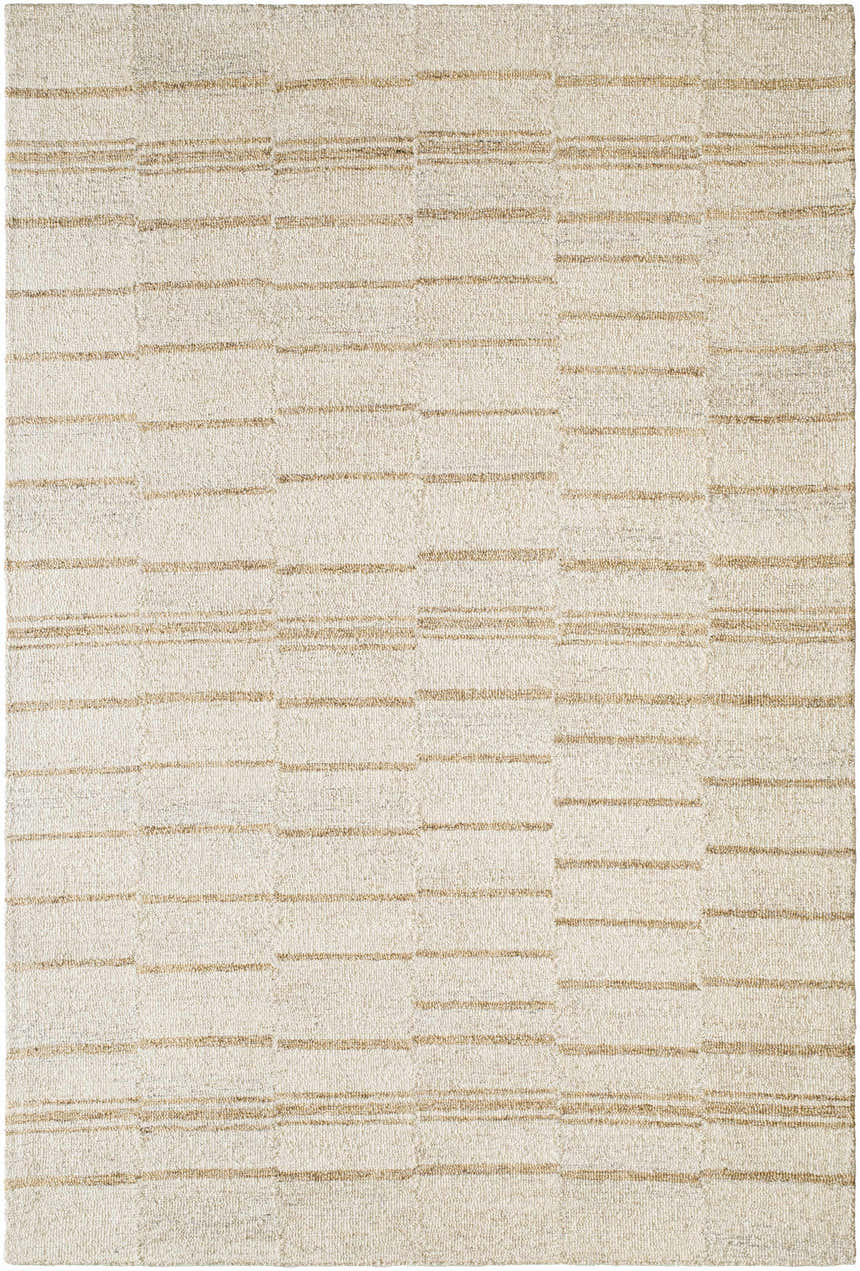 Close-up of the Abbatha Modern Wool Rug, featuring a beige background with tan horizontal stripes. Hand-tufted texture. Design-Rectangle-576