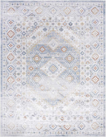 Close-up of the Agaton Blue Washable Area Rug. Features a traditional, farmhouse design with blue, orange, and white hues. Design-Rectangle-710102