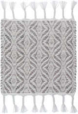 Close-up of the Anelia Medium Gray Area Rug, featuring a geometric diamond pattern and braided fringe. Swatch