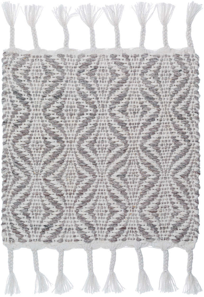 Close-up of the Anelia Medium Gray Area Rug, featuring a geometric diamond pattern and braided fringe. Swatch