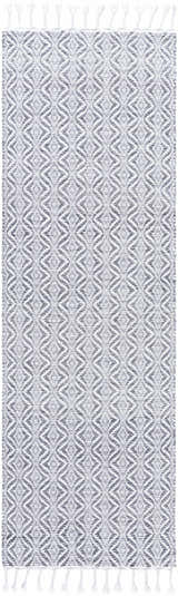 Close-up of the Anelia Medium Gray Area Rug. Hand-woven rug with dove gray and ivory diamond pattern and tassels. Design-Runner-268