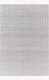 Close-up of the Anelia Medium Gray Area Rug. Hand woven rug with dove gray and ivory diamond pattern and white tassels. Design-Rectangle-576