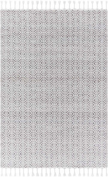 Close-up of the Anelia Medium Gray Area Rug. Hand woven rug with dove gray and ivory diamond pattern and white tassels. Design-Rectangle-576