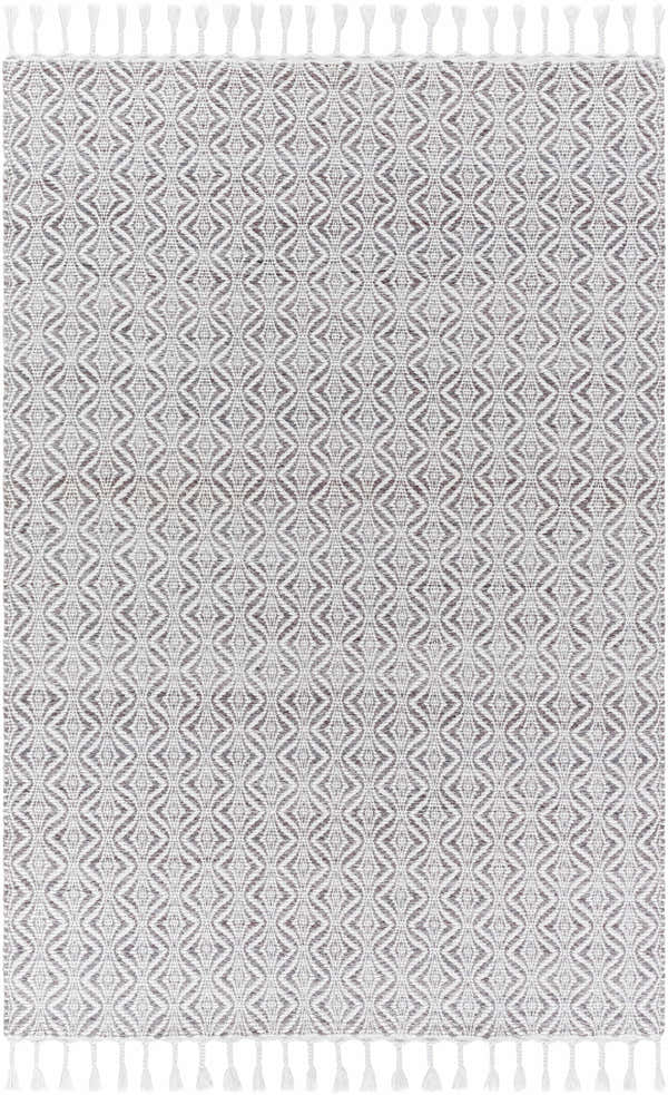 Close-up of the Anelia Medium Gray Area Rug. Hand woven rug with dove gray and ivory diamond pattern and white tassels. Design-Rectangle-576
