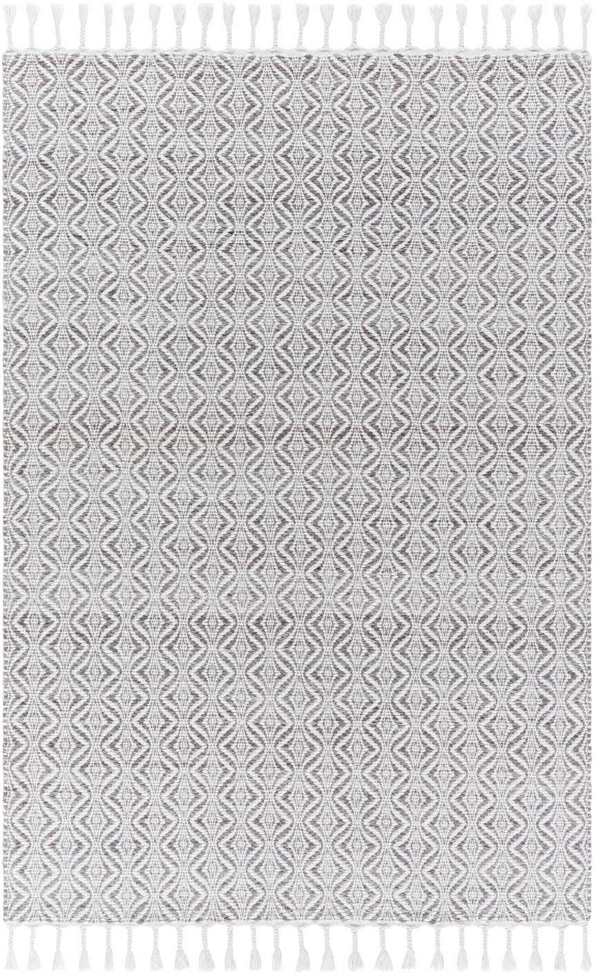 Close-up of the Anelia Medium Gray Area Rug. Hand woven rug with dove gray and ivory diamond pattern and white tassels. Design-Rectangle-576