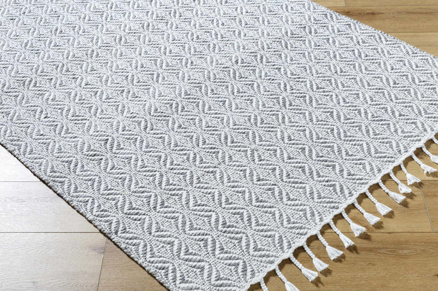 Close-up of the Anelia Medium Gray Area Rug showing its woven geometric pattern and white tassels. Corner