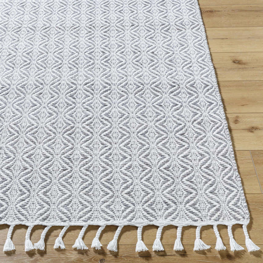 Close-up of the Anelia Medium Gray Area Rug showing its diamond pattern, hand-woven texture, and fringe. Front