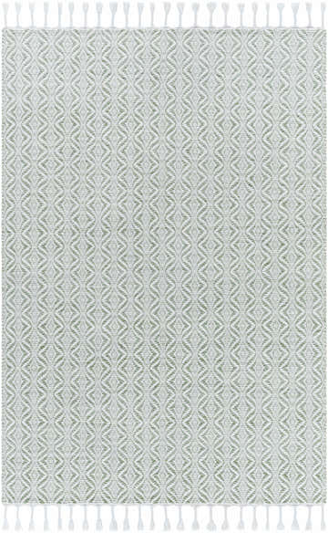 Close-up of Anelia Sage Area Rug. Hand woven recycled PET yarn with a green and ivory diamond pattern and white tassels. Design-Rectangle-576