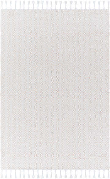 Close-up of the hand woven Anelia Ivory Area Rug. Features a subtle diamond pattern and white tassels. Blush, ivory, and pearl colors. Design-Rectangle-576