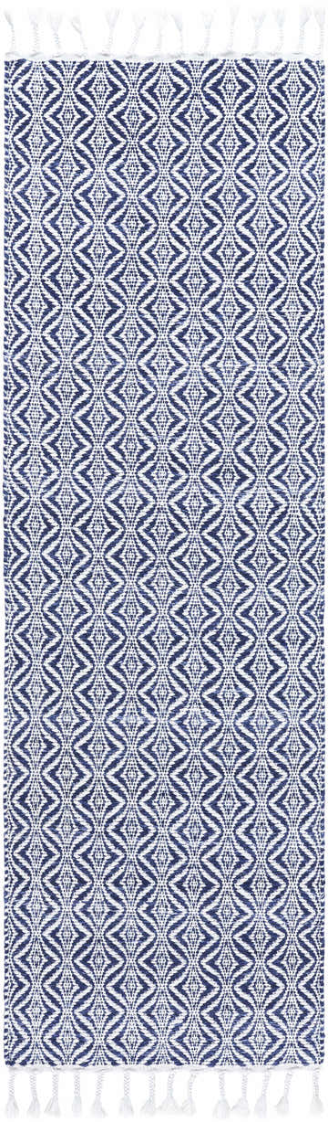 Close-up of the Anelia Indigo Area Rug. Hand woven rug with a geometric diamond pattern in indigo, ivory, and slate blue. Design-Runner-268