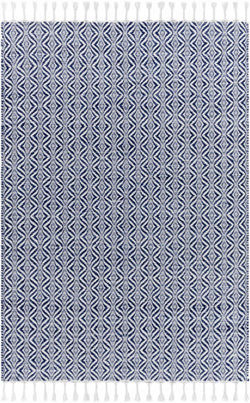 Close-up of the Anelia Indigo Area Rug featuring a diamond pattern in indigo and ivory with white tassels. Design-Rectangle-576