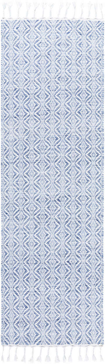Close-up of the Anelia Sky Blue Area Rug. Hand-woven rug with ivory and light blue diamond pattern and tassels. Design-Runner-268