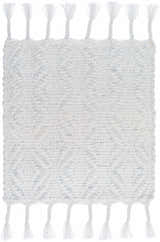 Close-up of the hand woven Anelia Powder Blue Area Rug with ivory and powder blue hues and braided tassels. Swatch