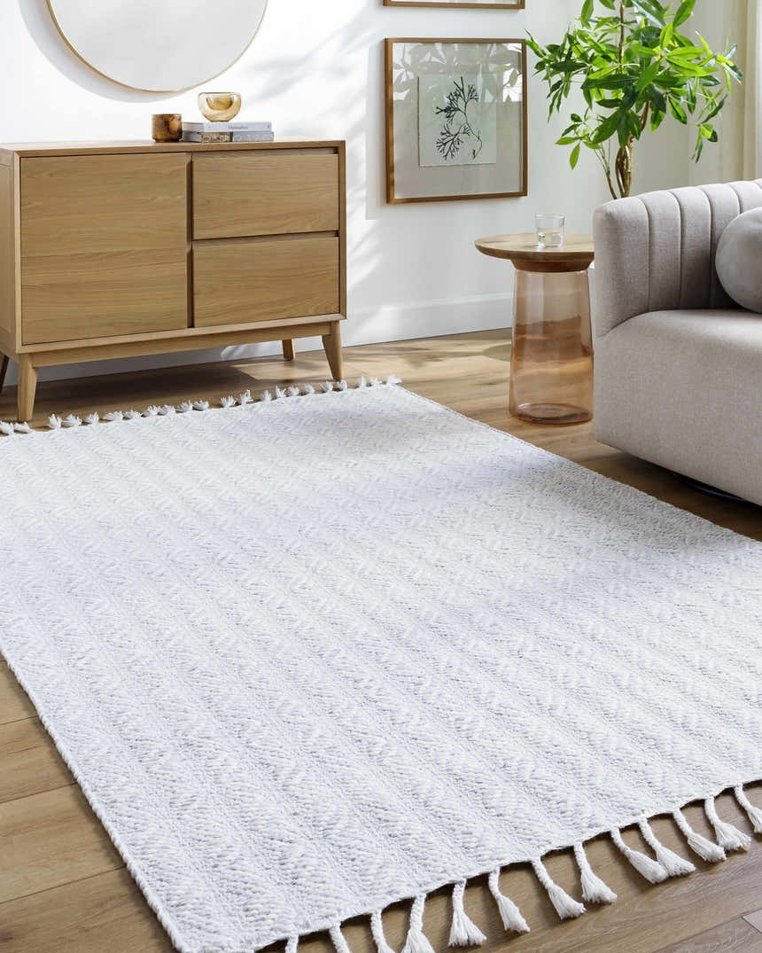 Living room scene with the Anelia Powder Blue Area Rug, wood floors, and light wood furniture. Roomscene-Rectangle