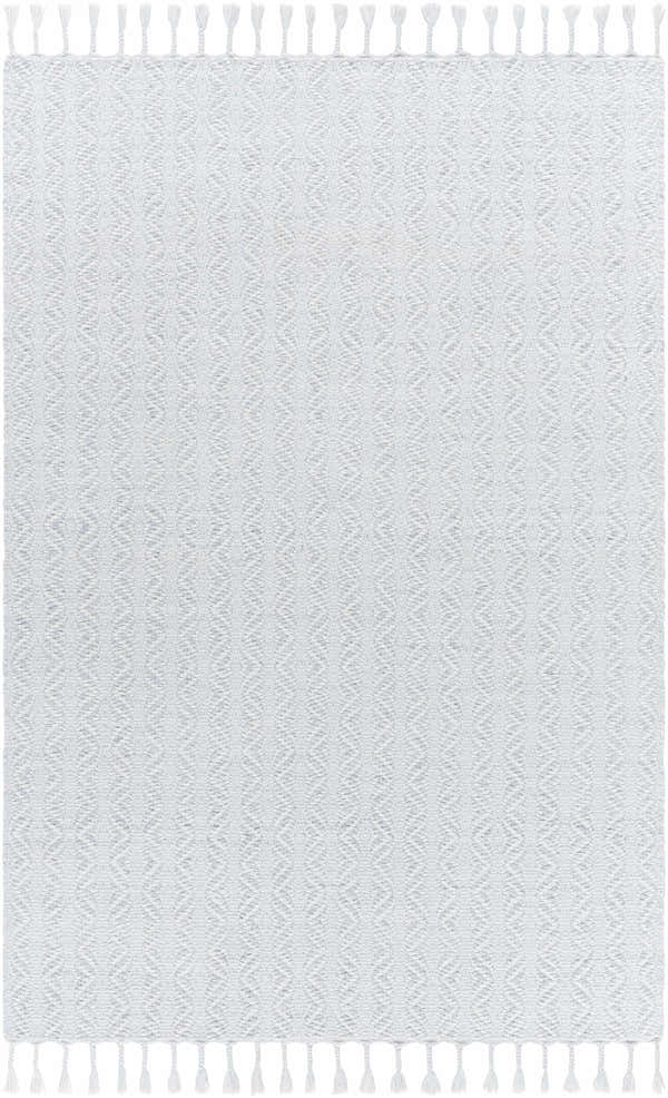 Close up of the Anelia Powder Blue Area Rug. Hand woven with ivory and powder blue diamond pattern and tassels. Design-Rectangle-576