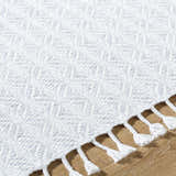 Close-up of the Anelia Powder Blue Area Rug showing ivory and powder blue woven pattern and white tassels. Texture
