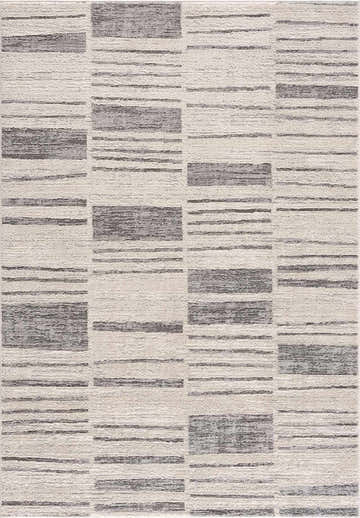 Close-up of Allete Broken-Striped Area Rug. Contemporary design with ash, light silver, and slate blue stripes and blocks. Design-Rectangle-5373