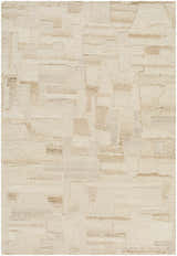 Close-up of the Aintza Area Rug. Hand-tufted wool rug in beige, cream, ivory, and tan with a subtle geometric pattern. Design-Rectangle-576