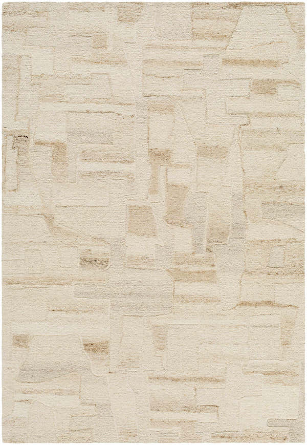 Close-up of the Aintza Area Rug. Hand-tufted wool rug in beige, cream, ivory, and tan with a subtle geometric pattern. Design-Rectangle-576