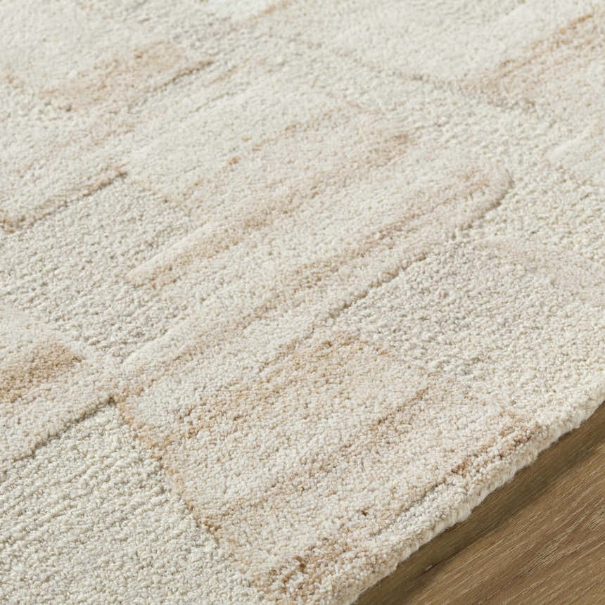 Close-up of the Aintza Area Rug, a hand-tufted wool rug in beige, cream, ivory, and tan with a subtle geometric pattern. Texture