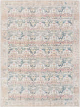 Close-up of the Arushi Washable Area Rug, featuring a traditional design in cream, green, orange, rust, and tan hues. Design-Rectangle-537