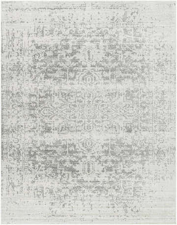 Close-up of the Rachel Area Rug, a machine-woven rug in charcoal, gray, light beige, and off-white with a traditional pattern. Design-Rectangle-71003