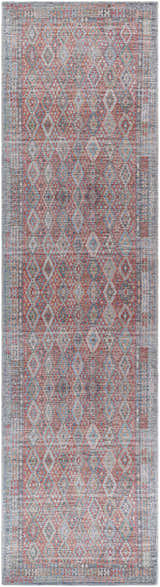 Detailed close-up of the Ranao Washable Area Rug. Features a vintage, oriental design with blue, red, and taupe colors. Design-Runner-2710